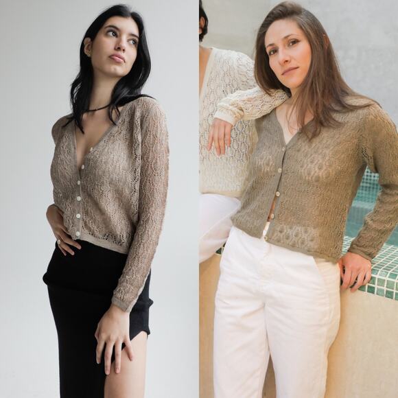 Yanawara Sweaters - Yanawara Tan Wara Baby Alpaca Open Knit Ethical Coastal Boho Cardigan Size Large